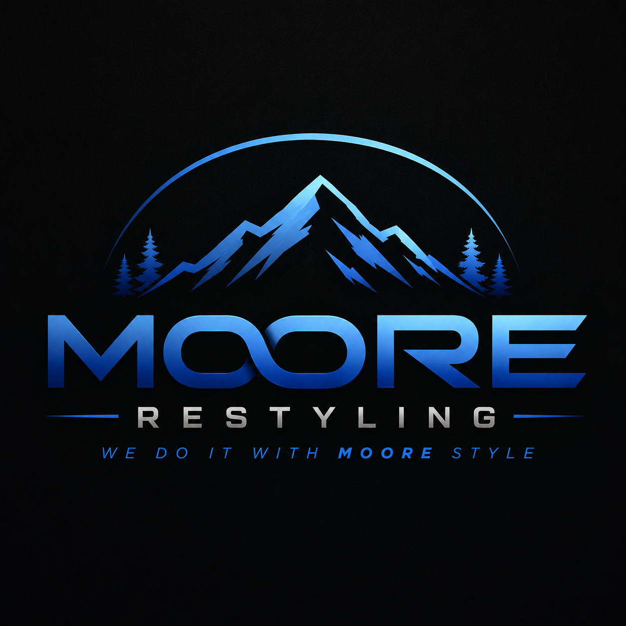 A stylized blue mountain logo with the text 'MOORE RESTYLING' and the tagline 'WE DO IT WITH MOORE STYLE' on a black background.